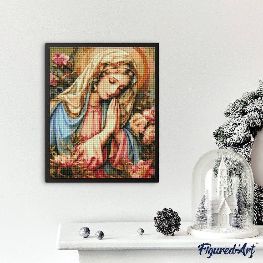 Mellow Monkey Blessed Virgin Mary diamond painting kit, 16"x20", full drill with praying hands and floral accents.