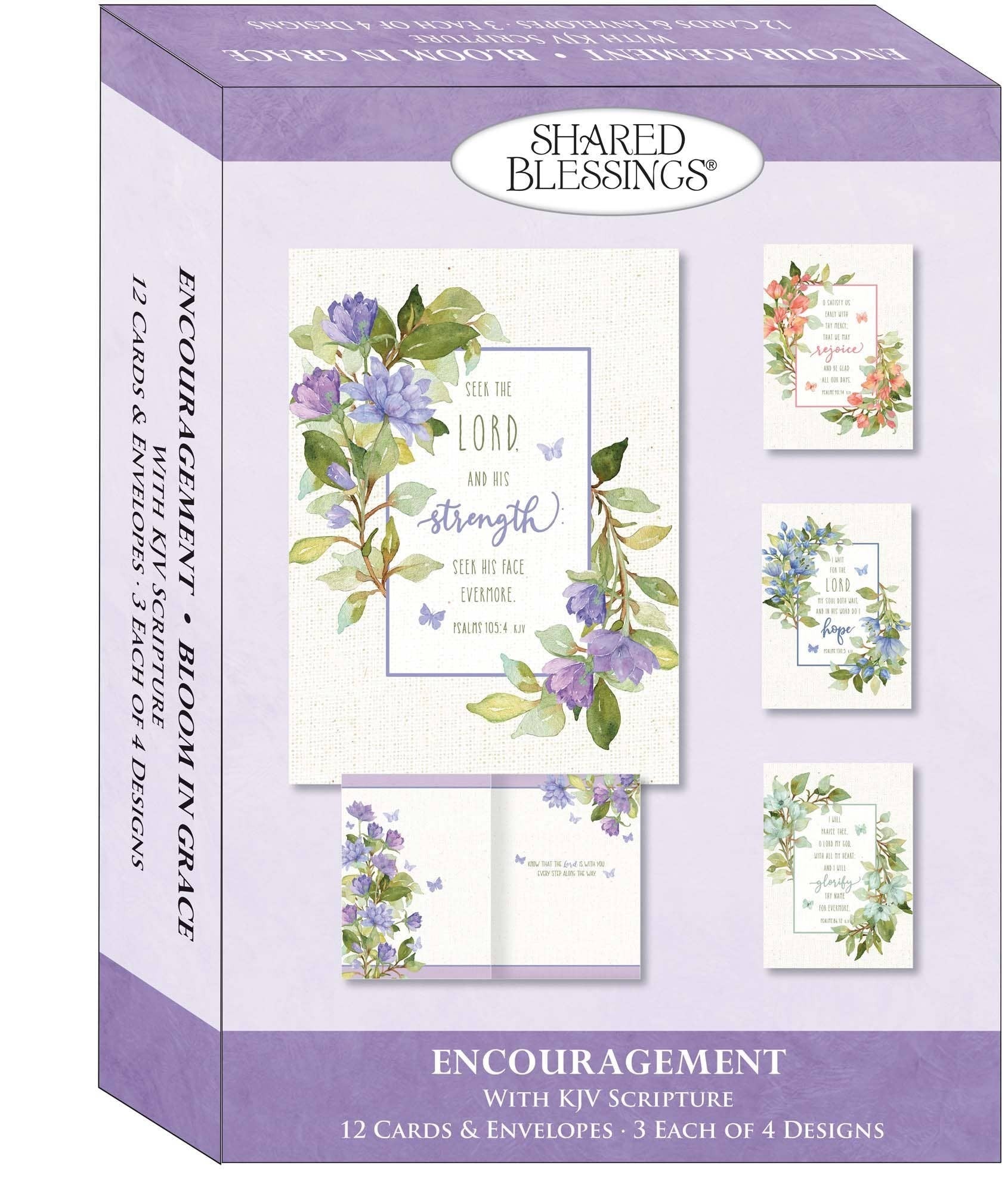 Mellow Monkey Bloom in Grace boxed religious encouragement cards with floral watercolor designs and KJV scripture.
