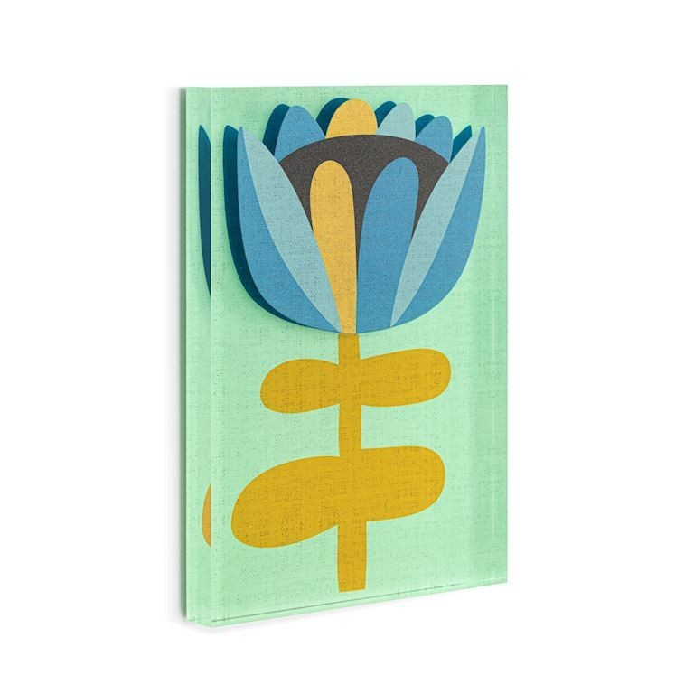 Mellow Monkey Bloom Together Tile Acrylic Wall Art, 5x7-in, featuring a stylized blue and yellow flower on a light green textured background.