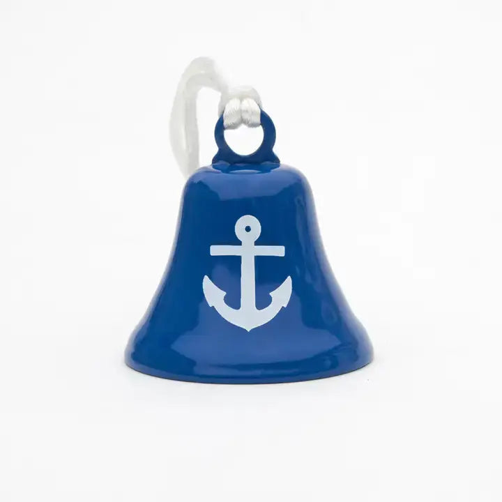 Mellow Monkey blue steel holiday bell ornament featuring a white anchor design with a hanging loop