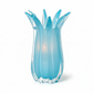 Mellow Monkey hand-blown blue art glass vase with a scalloped petal rim and delicate white accents
