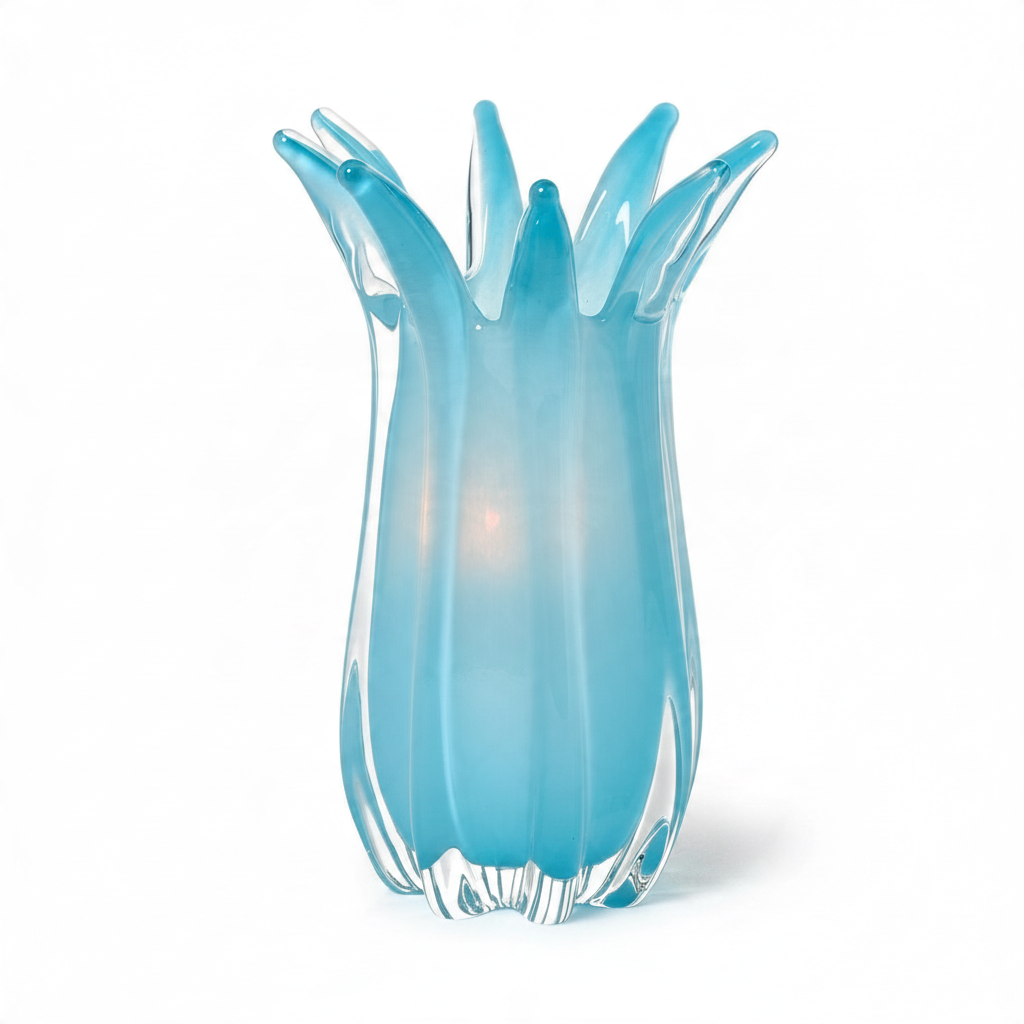 Mellow Monkey hand-blown blue art glass vase with a scalloped petal rim and delicate white accents