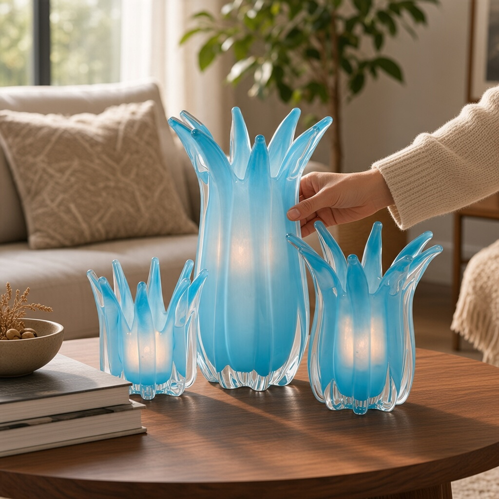 Mellow Monkey set of 3 hand-blown blue art glass candle holders or vases with a unique petal-like design