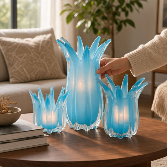 Mellow Monkey set of 3 hand-blown blue art glass candle holders or vases with a unique petal-like design