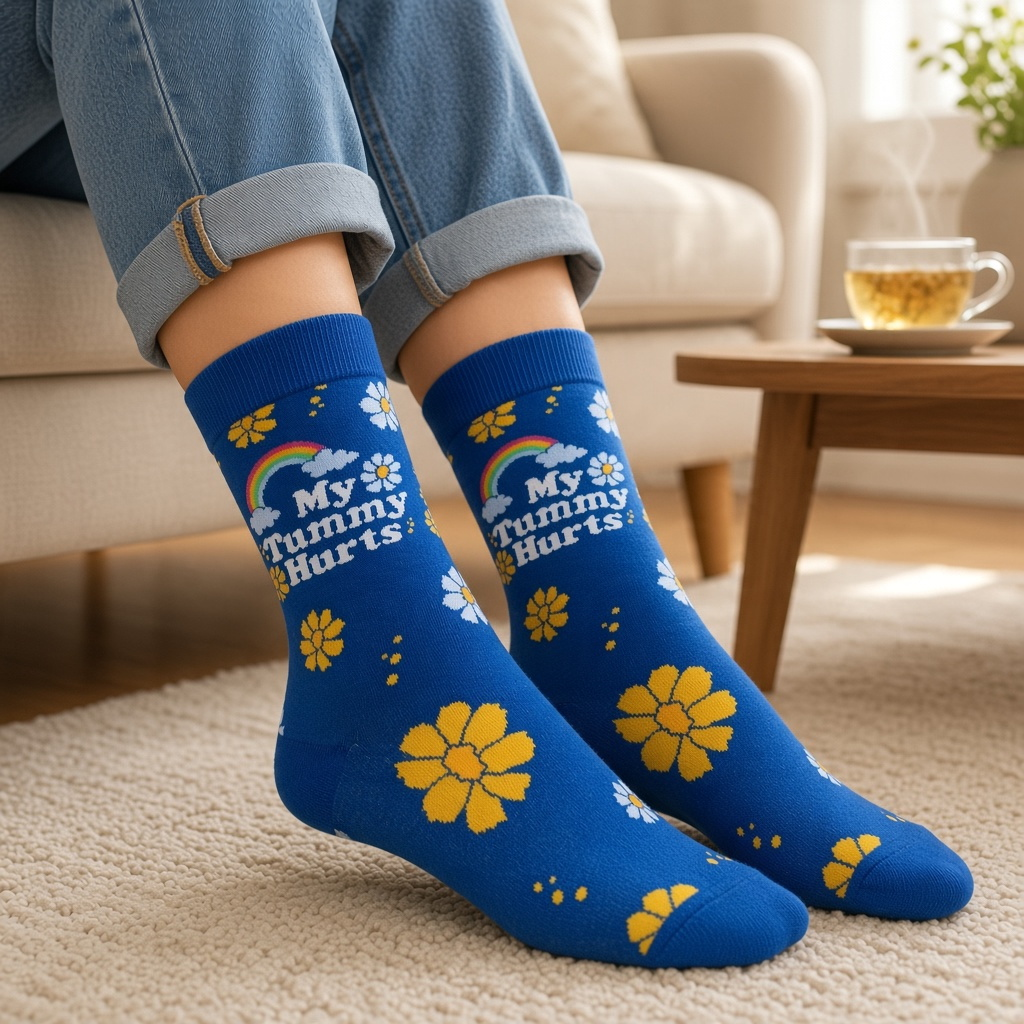 Mellow Monkey blue bamboo knit socks featuring a My Tummy Hurts message, rainbow, and yellow floral pattern.