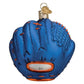 Mellow Monkey blue blown glass baseball mitt ornament with orange stitching and MLB logo. 3.75 inches.
