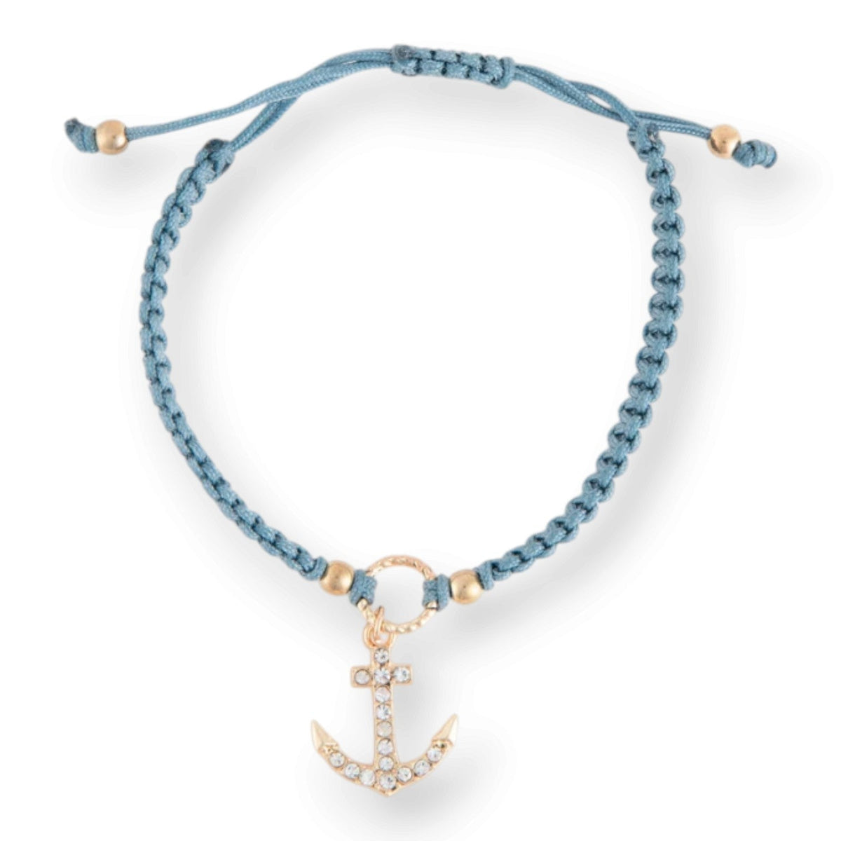 Mellow Monkey Kitt adjustable blue braided bracelet with a gold-tone anchor charm featuring clear crystal accents.