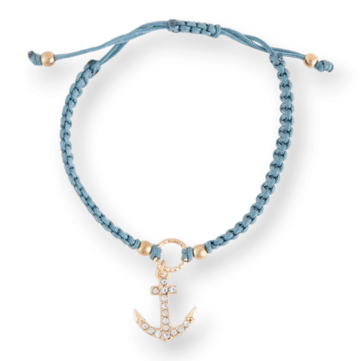 Mellow Monkey Kitt adjustable blue braided bracelet featuring a gold-tone anchor charm with sparkling crystal accents.