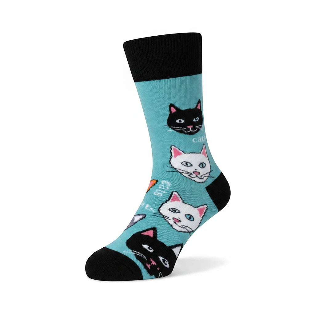 Mellow Monkey light blue crew socks featuring a repeating pattern of cartoon cat faces and the word Cats