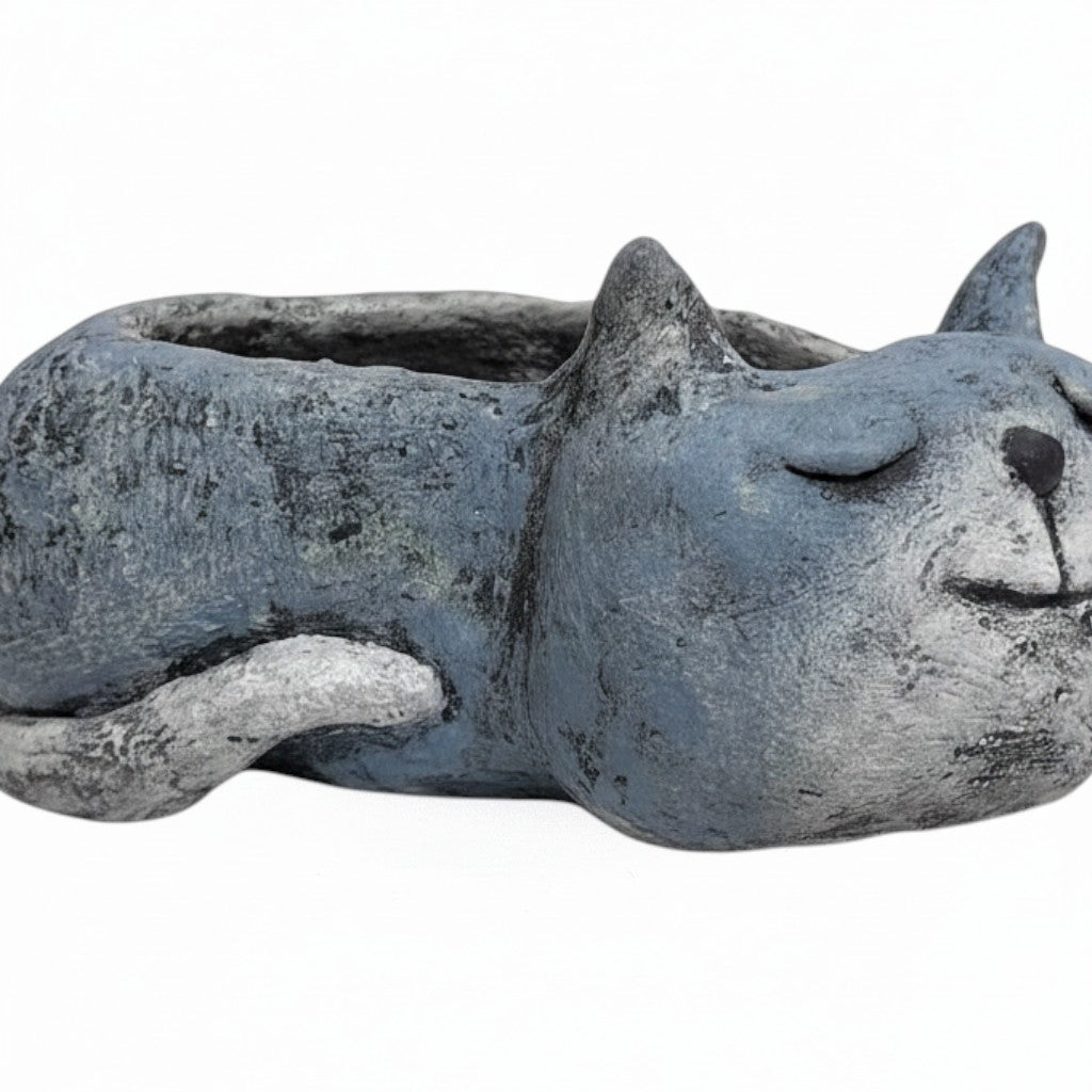 Mellow Monkey blue sleeping cat planter, handcrafted poly-resin, perfect for succulents.