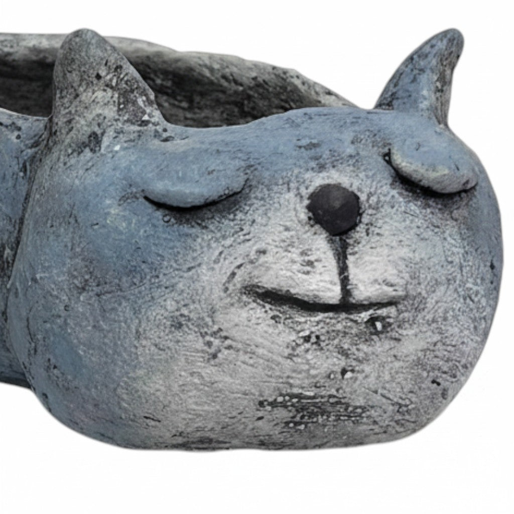Mellow Monkey blue sleeping cat planter, handcrafted poly-resin, perfect for succulents.
