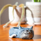Mellow Monkey blue sleeping cat planter, handcrafted poly-resin, perfect for succulents.