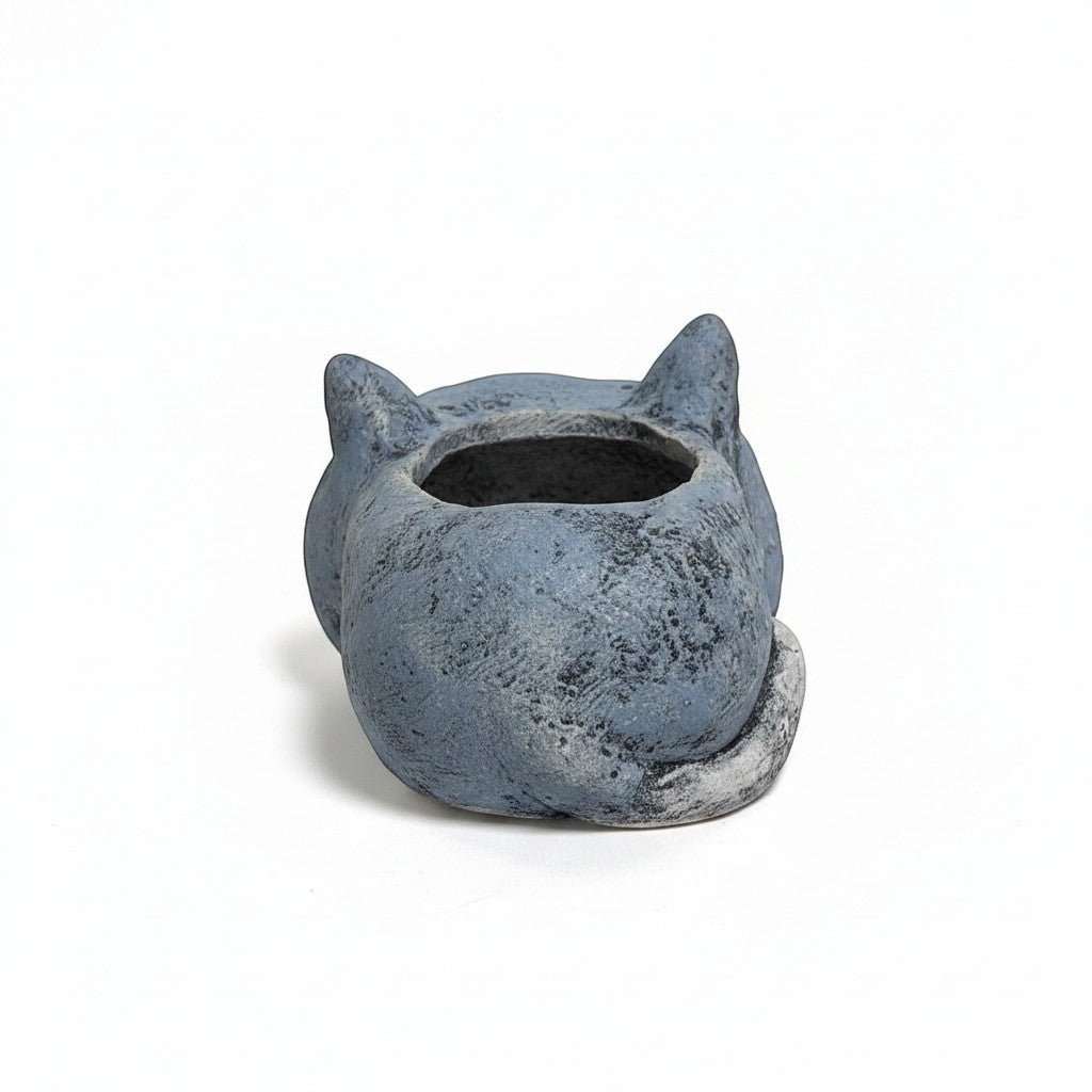 Mellow Monkey blue sleeping cat planter, handcrafted poly-resin, perfect for succulents and small plants.