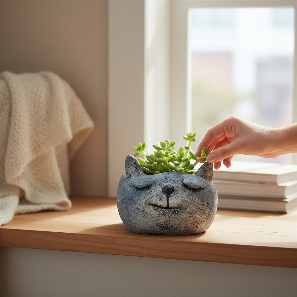Mellow Monkey blue sleeping cat planter made of poly-resin, holding a succulent.