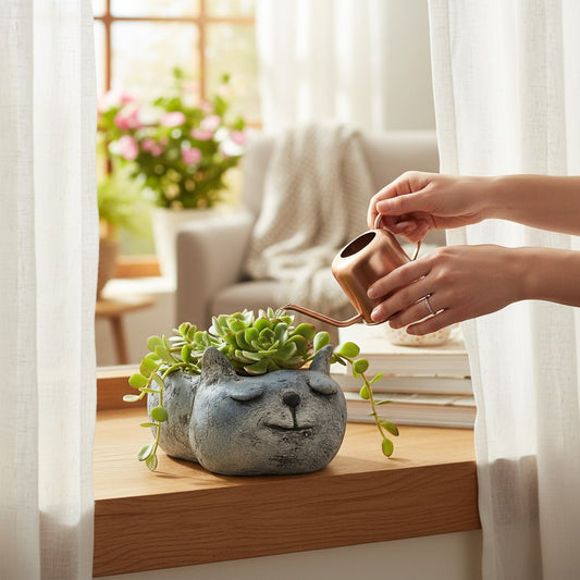 Mellow Monkey blue sleeping cat planter with succulents, handcrafted poly-resin, perfect for small plants.