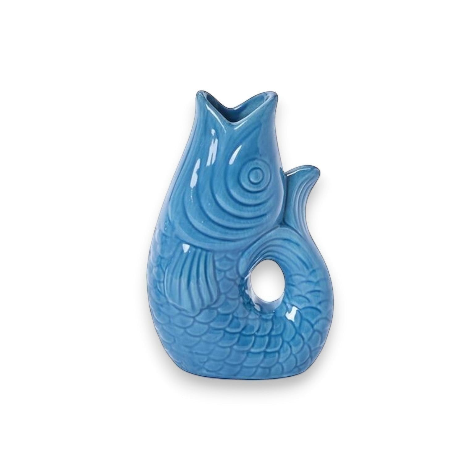 Mellow Monkey blue ceramic fish vase, 8-inch, handcrafted with detailed scales and a whimsical design.