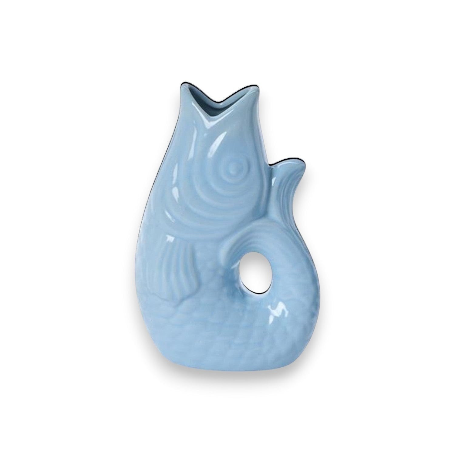 Mellow Monkey light blue ceramic fish vase, 8-inch, handcrafted with whimsical details and a hole in the tail.