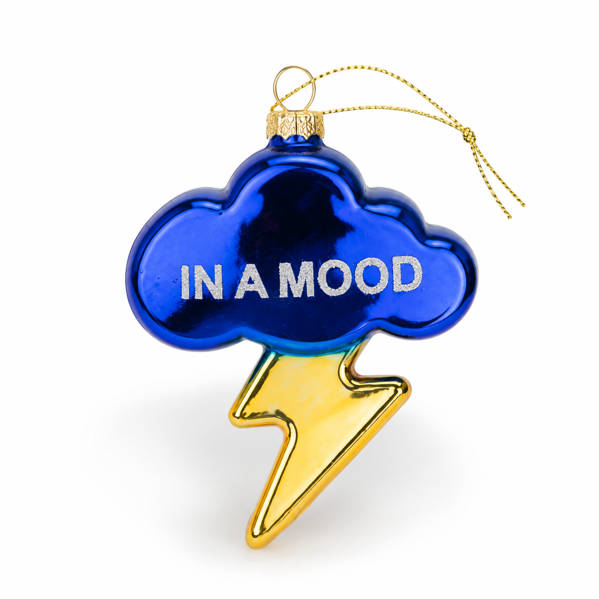 Mellow Monkey blue glass cloud ornament with a gold lightning bolt and the text In A Mood.