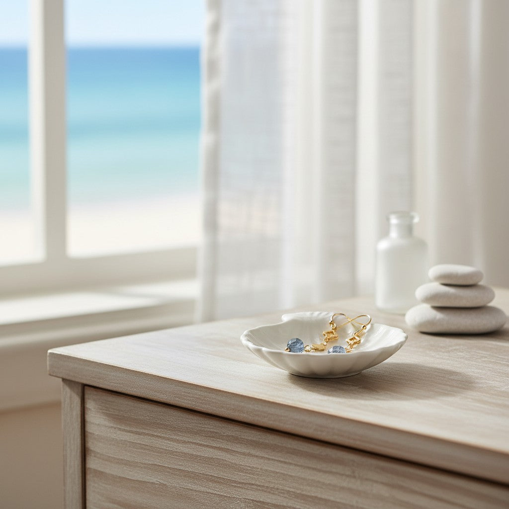 Mellow Monkey blue clover drop earrings in gold, displayed in a shell dish by a beachside window.