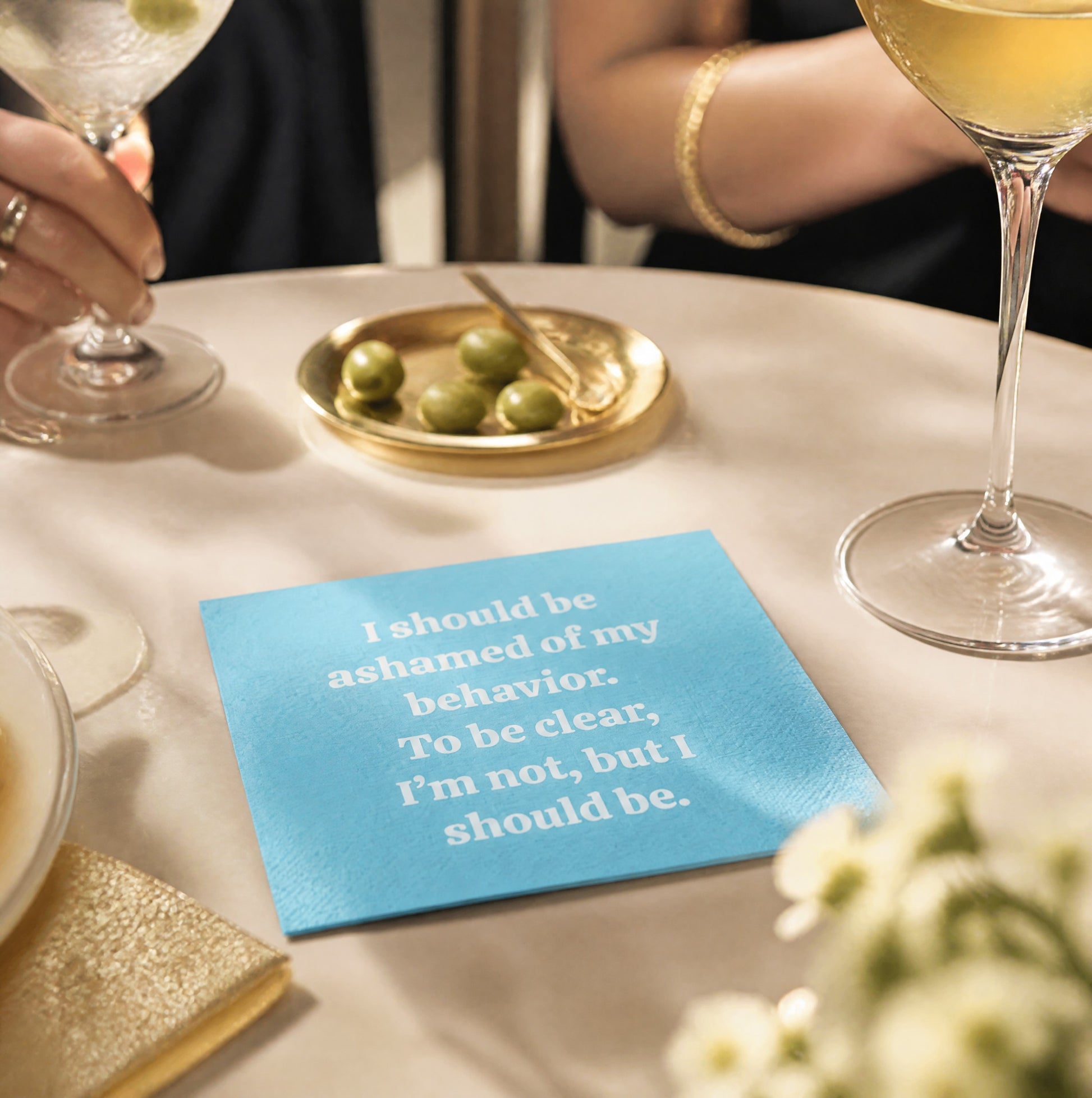 Mellow Monkey Carolina blue cocktail napkin with white text reading I should be ashamed of my behavior on a table.