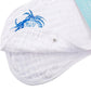 Mellow Monkey 2-in-1 white bamboo and cotton muslin burp cloth and bib with a blue crab print and metal snap closure