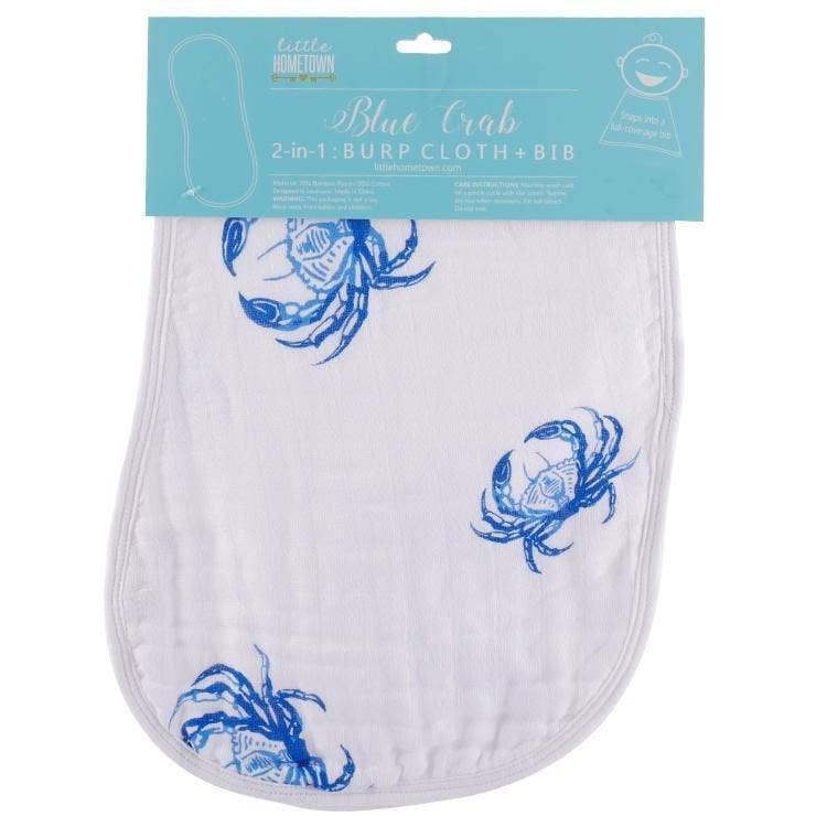 Mellow Monkey 2-in-1 white bamboo and cotton muslin burp cloth and bib featuring a blue crab pattern.