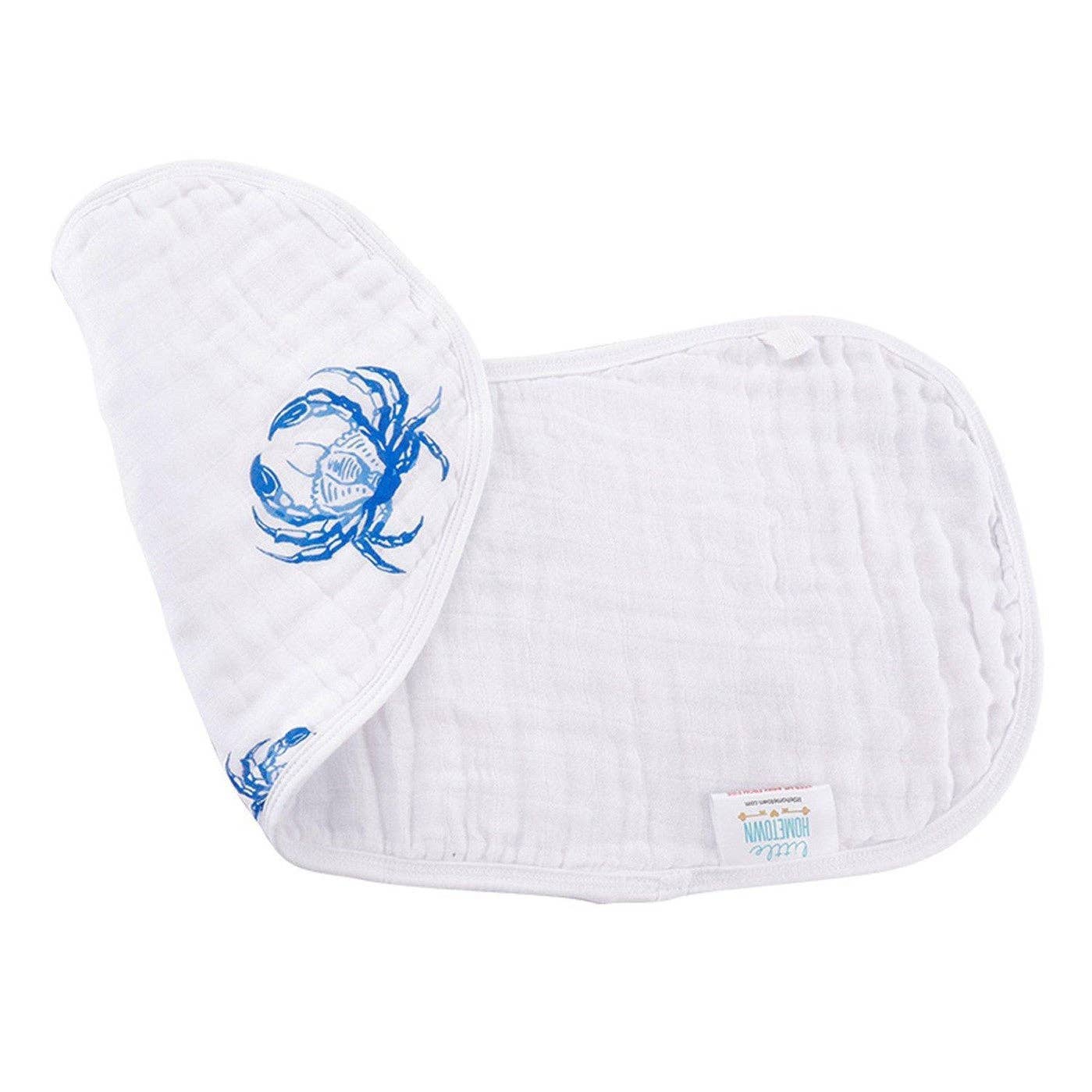 Mellow Monkey 2-in-1 white bamboo and cotton muslin burp cloth and bib with blue crab print