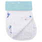 Mellow Monkey 2-in-1 white bamboo and cotton muslin burp cloth and bib featuring a blue crab print with snap closure