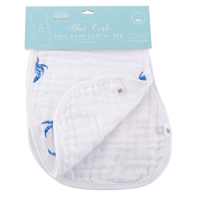 Mellow Monkey 2-in-1 white bamboo and cotton muslin burp cloth and bib featuring a blue crab print with snap closure