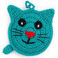 Mellow Monkey hand-crocheted blue kitty kat measuring tape with a red nose and black embroidered facial features.