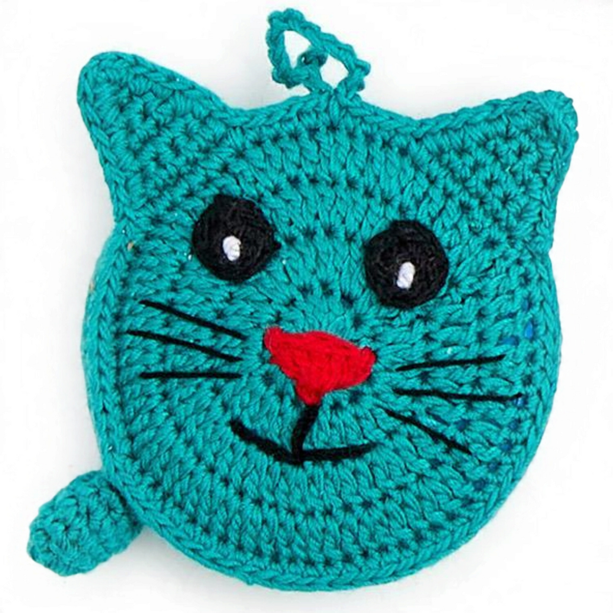 Mellow Monkey hand-crocheted blue kitty kat measuring tape with a red nose and black embroidered facial features.