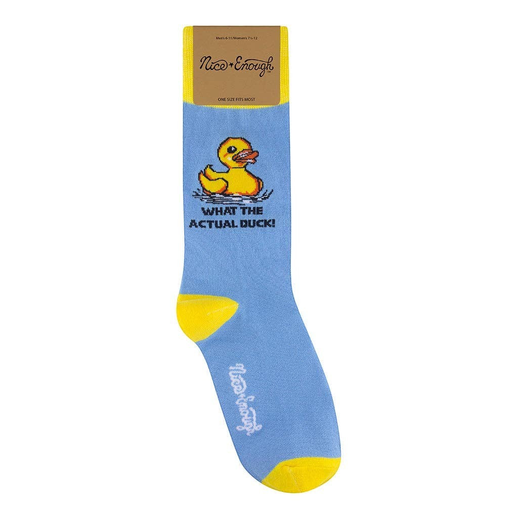 Mellow Monkey sky blue novelty socks featuring a yellow rubber duck and the text What The Actual Duck