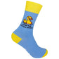 Mellow Monkey sky blue novelty socks featuring a yellow rubber duck and the text What The Actual Duck