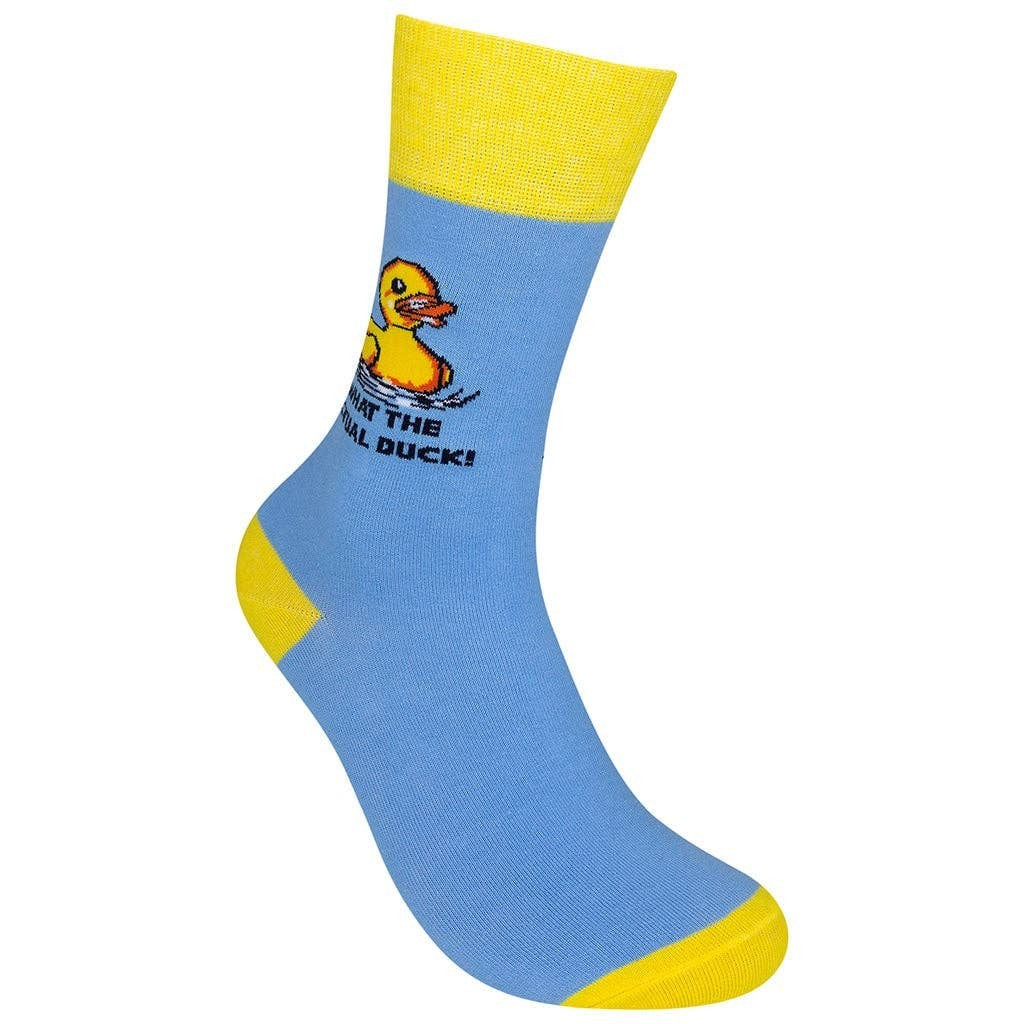 Mellow Monkey sky blue cotton socks featuring a yellow rubber duck and the text What The Actual Duck