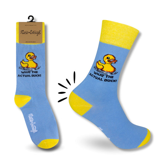 Mellow Monkey What The Actual Duck blue cotton socks with a yellow rubber duck graphic and bright yellow accents.