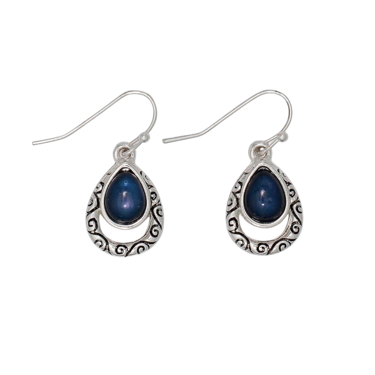 Mellow Monkey teardrop earrings featuring a blue inlay stone surrounded by intricate silver filigree metalwork.