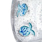 Mellow Monkey mouth-blown stemless wine glass featuring blue glass fish bubbles and decorative air bubbles in clear glass.