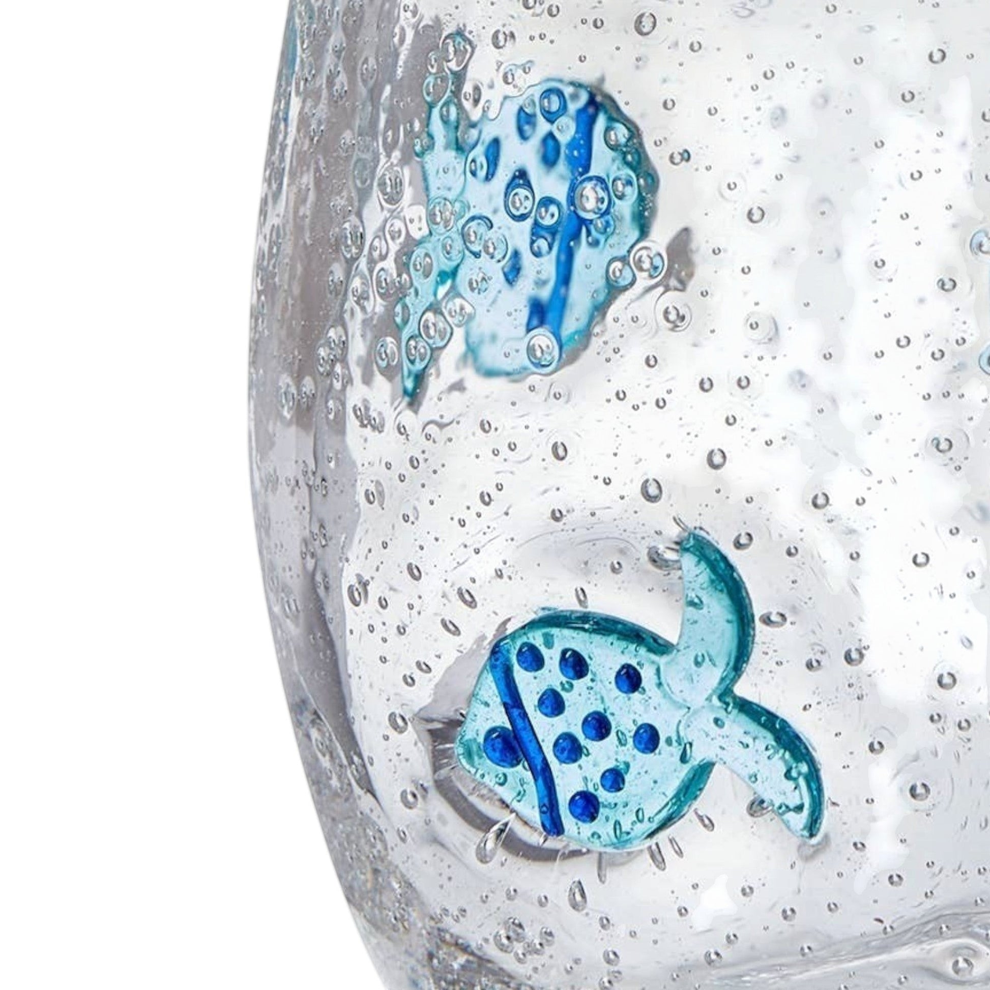 Mellow Monkey mouth-blown stemless wine glass featuring blue glass fish bubbles and decorative air bubbles in clear glass.