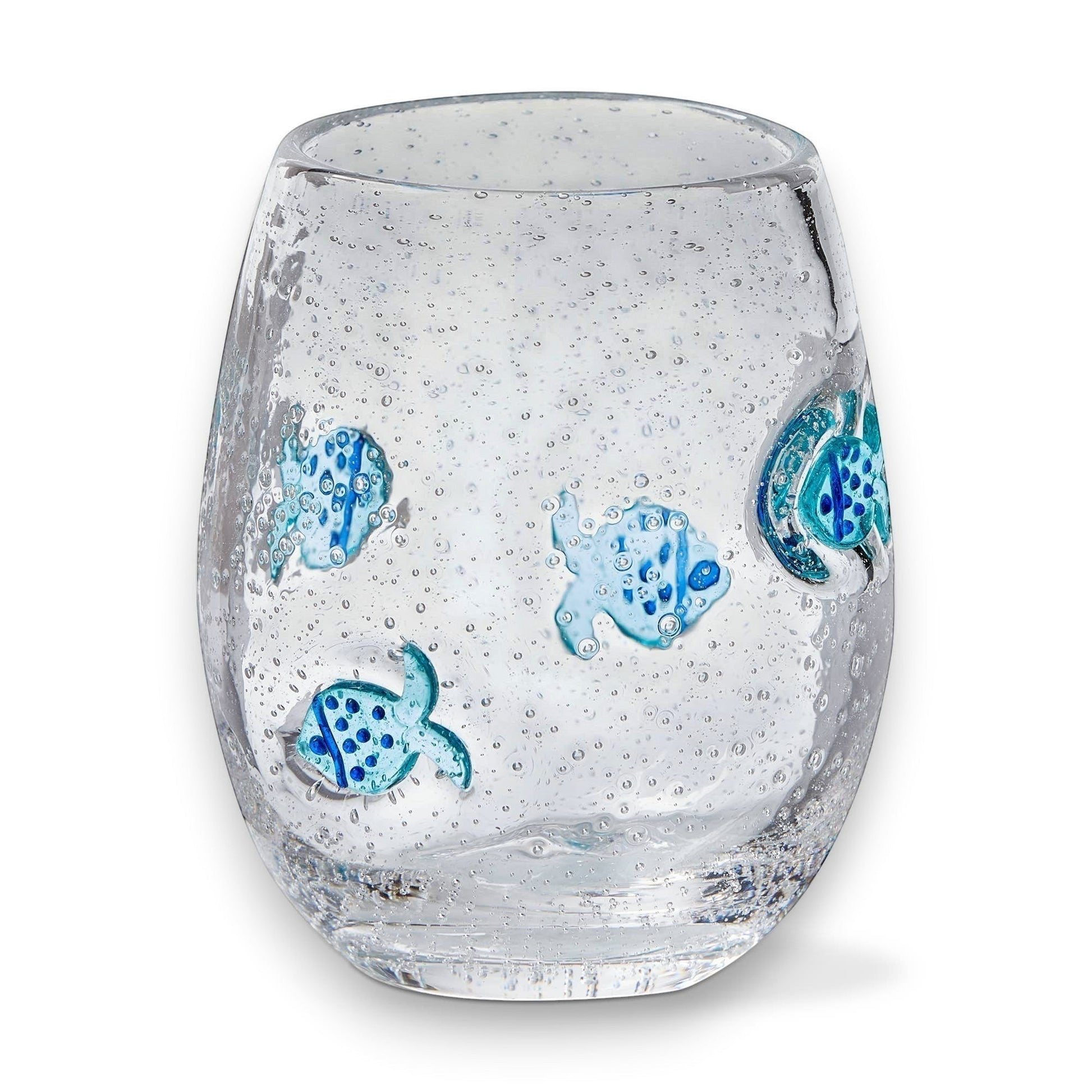 Mellow Monkey mouth-blown stemless wine glass featuring clear glass with decorative blue fish and bubble accents.