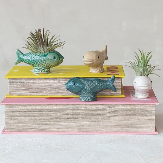 Mellow Monkey blue stoneware fish-shaped container, 4.5-in, perfect as a toothpick holder or small planter.