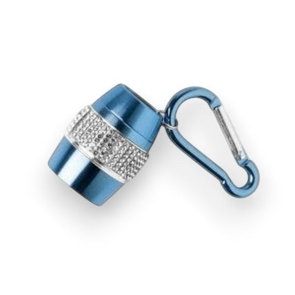 Mellow Monkey blue metallic keychain flashlight with rhinestones and carabiner clip.