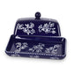 Mellow Monkey Temp-tations ceramic butter dish in navy blue with white floral lace pattern and lid handle