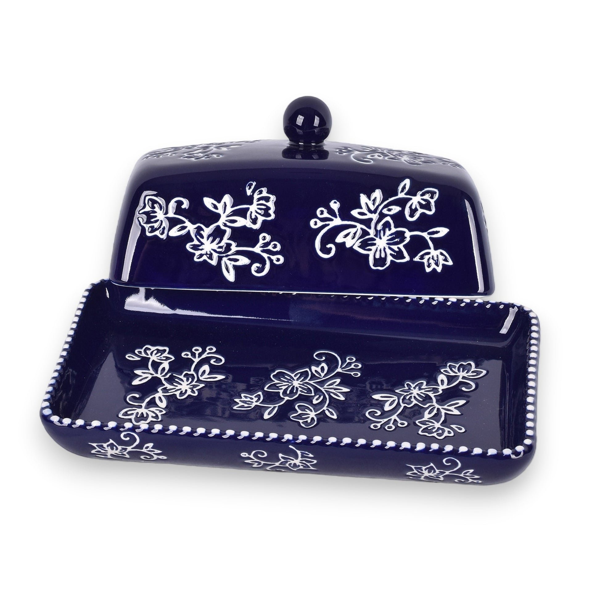 Mellow Monkey Temp-tations ceramic butter dish in navy blue with white floral lace pattern and lid handle