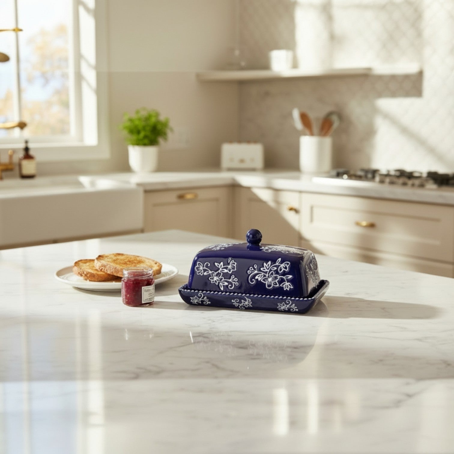 Mellow Monkey Temp-tations blue ceramic butter dish with white floral lace pattern on a marble kitchen countertop.