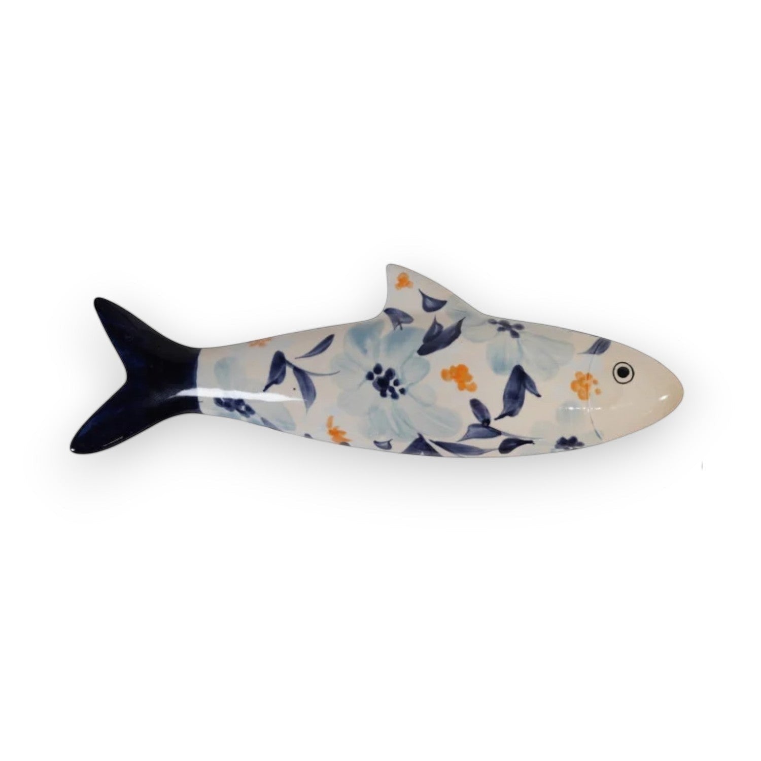 Mellow Monkey hand-painted stoneware fish wall decor with blue floral pattern and dark blue tail.