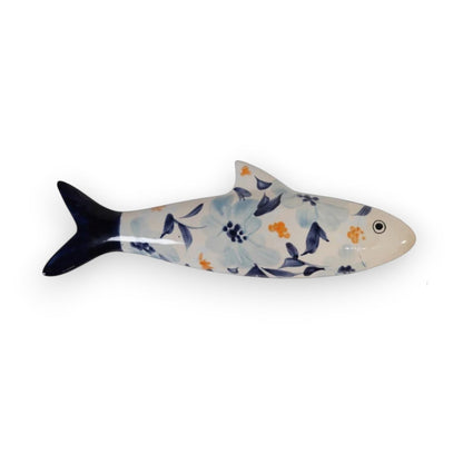 Mellow Monkey hand-painted stoneware fish wall decor with blue floral pattern and dark blue tail.