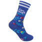 Mellow Monkey blue crew socks featuring floral patterns, strawberries, and the text Live, Laugh, Fuck Off