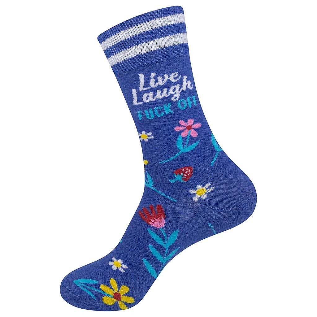Mellow Monkey blue crew socks featuring floral patterns, strawberries, and the text Live, Laugh, Fuck Off.