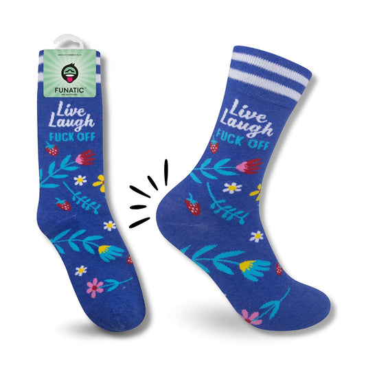 Mellow Monkey blue crew socks featuring floral patterns, strawberries, and the text Live, Laugh, Fuck Off