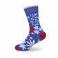 Mellow Monkey blue crew socks featuring a floral pattern and the text I Like Pretty Things and the Word Fuck